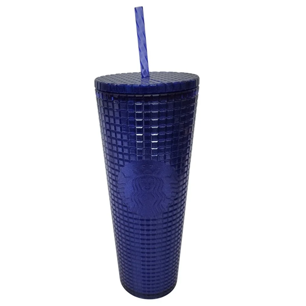 Starbucks 2022 Blue Grid Textured 24oz Venti Cold Cup Tumbler with Straw Glitter